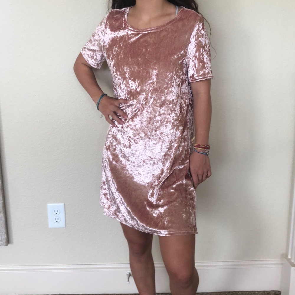 pink velvet knee length dress